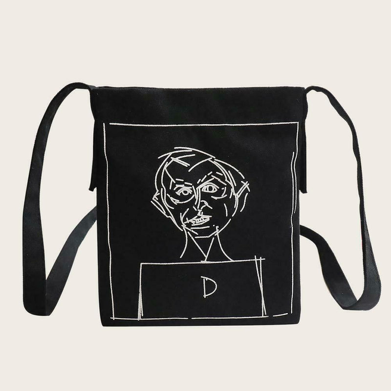 Canvas Women Shoulder Crossbody Bag Cartoon Printed Daily Handbag (Black) A