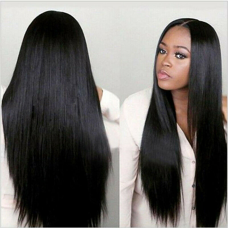 Natural Hair Wig Straight Heat Resistant Synthetic Lace Front Wigs Black Co BX