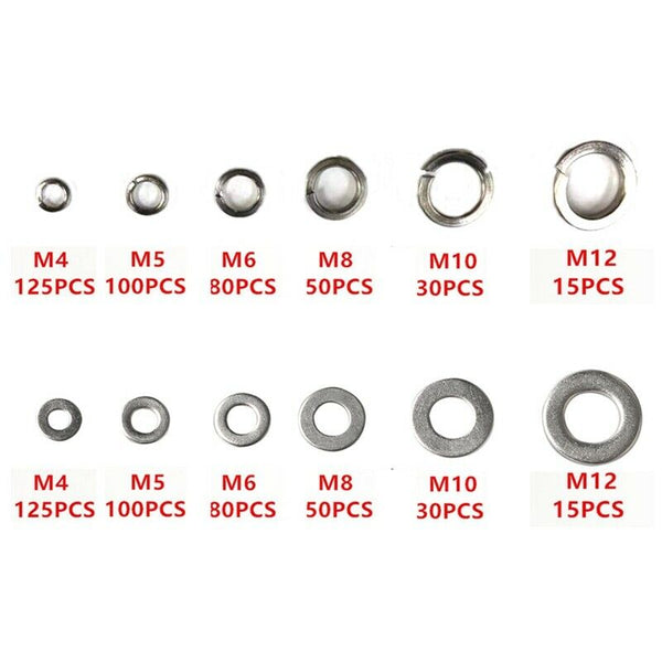 800Pcs/Set Flat/Elastic Gasket M4 M5 M6 M8 M10 M12 304 Stainless Steel Shel M1F9