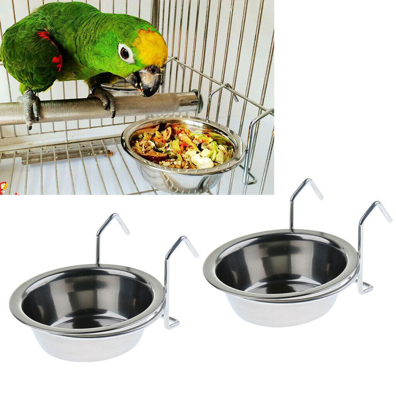 2 Pcs Stainless Steel Food Water Cup Feeder Feeding Dish For Parrot Bird Macaw