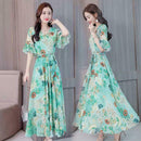 Elegant Floral Print Maxi Women Summer V-neck Short Sleeve Belt Dresses (M) A