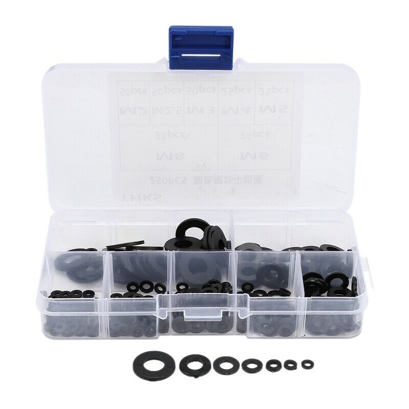 250Pcs Black Nylon Washer Flat Washer Assortment Kit M2 M2.5 M3 M4 M5 M6 M8