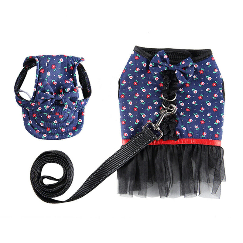 Pet Dog Vest Harness with Hat Pet Costume Party Clothes Blue Dot Flower-XS