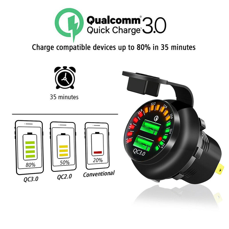 Car Boat Motorcycle Dual QC 3.0 USB Charger Socket with Voltmeter + Wires