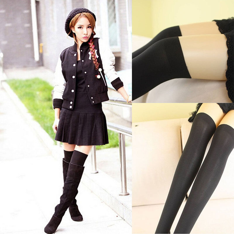 Womens Black Tinted Sheer False High  Stockings Pantyhose Tights`US