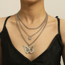 Multi-layer Necklace Women Hollow Out Butterfly Lock Choker Pendant Jewelry A