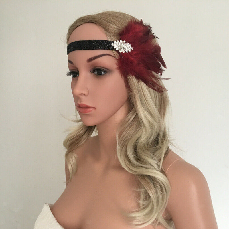 Woman Elastic Feather Headband 20s  Party Rhinestone Hair Accessories