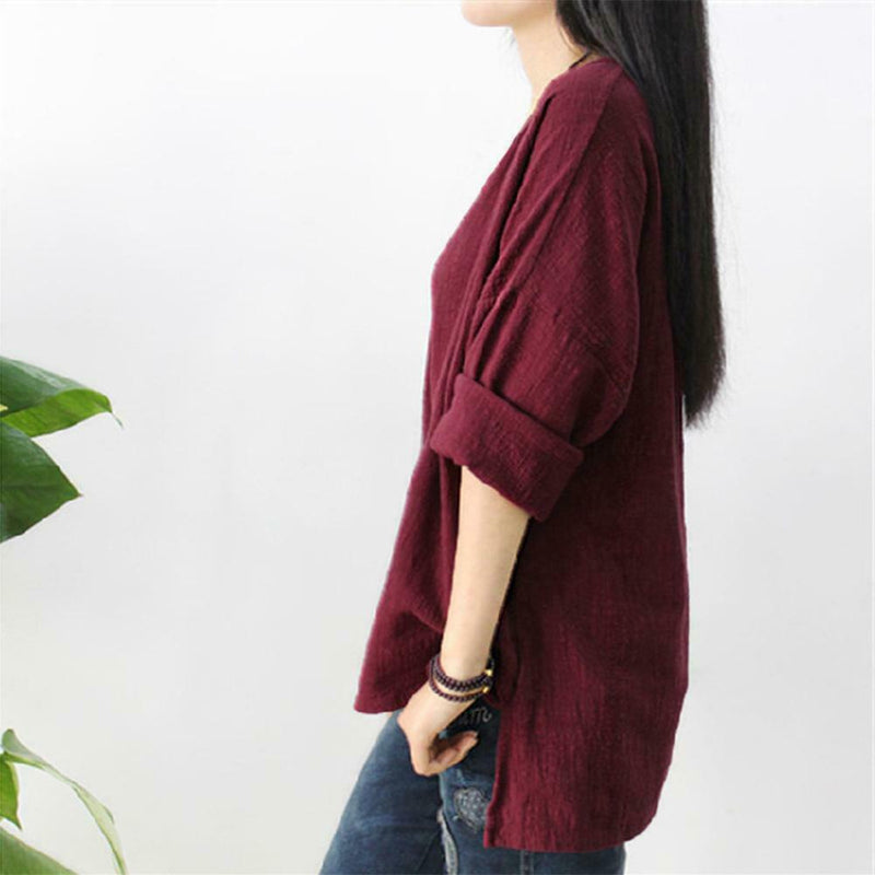 Women T-Shirt Long Sleeve Solid Cotton And Linen Ladies Tops (Wine Red L) A