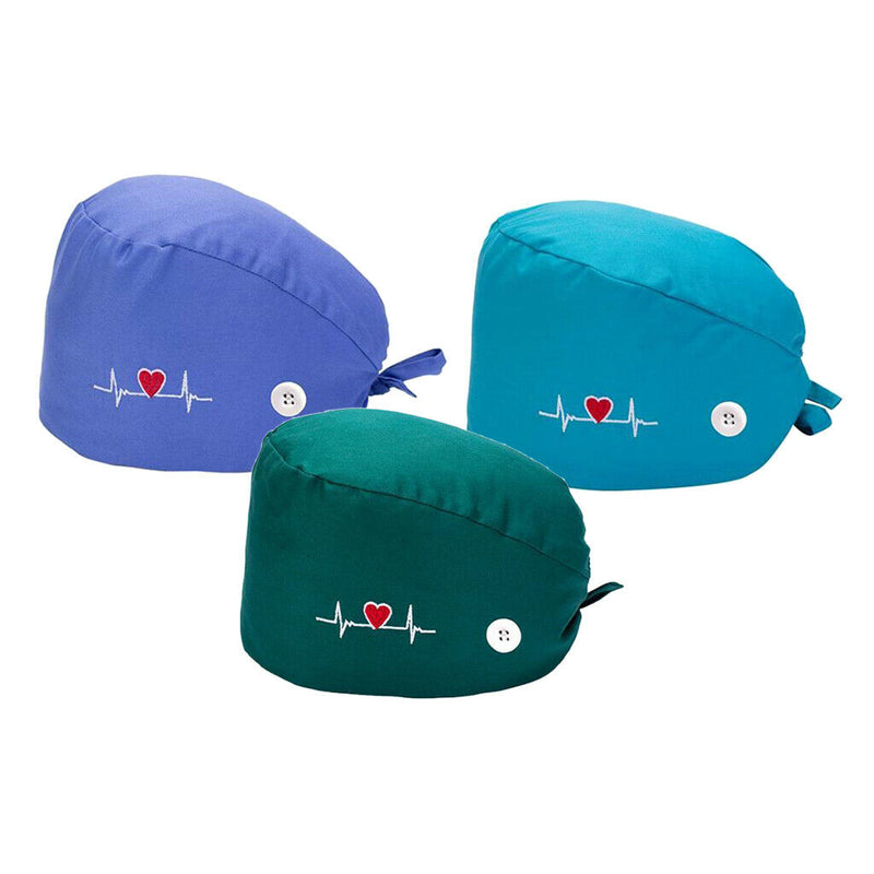 3PCS Women's Scrub Cap Working Hat with Buttons Turban Cotton Bouffant Hat