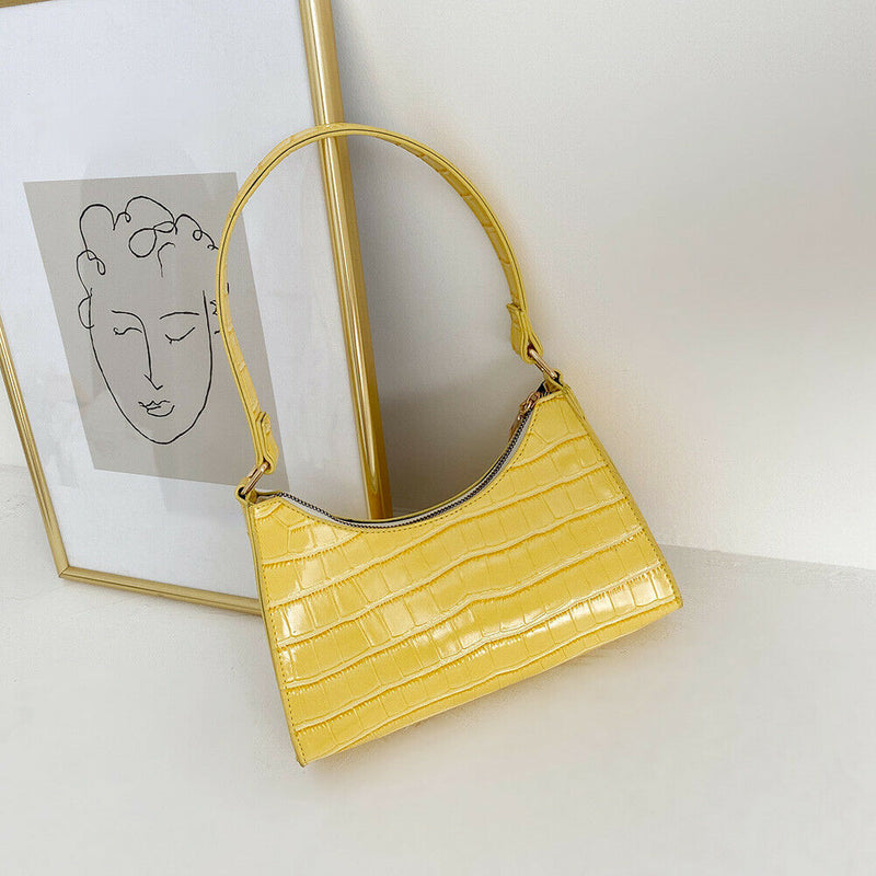 Fashion Alligator PU Handbag Women Solid Tote Elegant Shoulder Bag (Yellow)