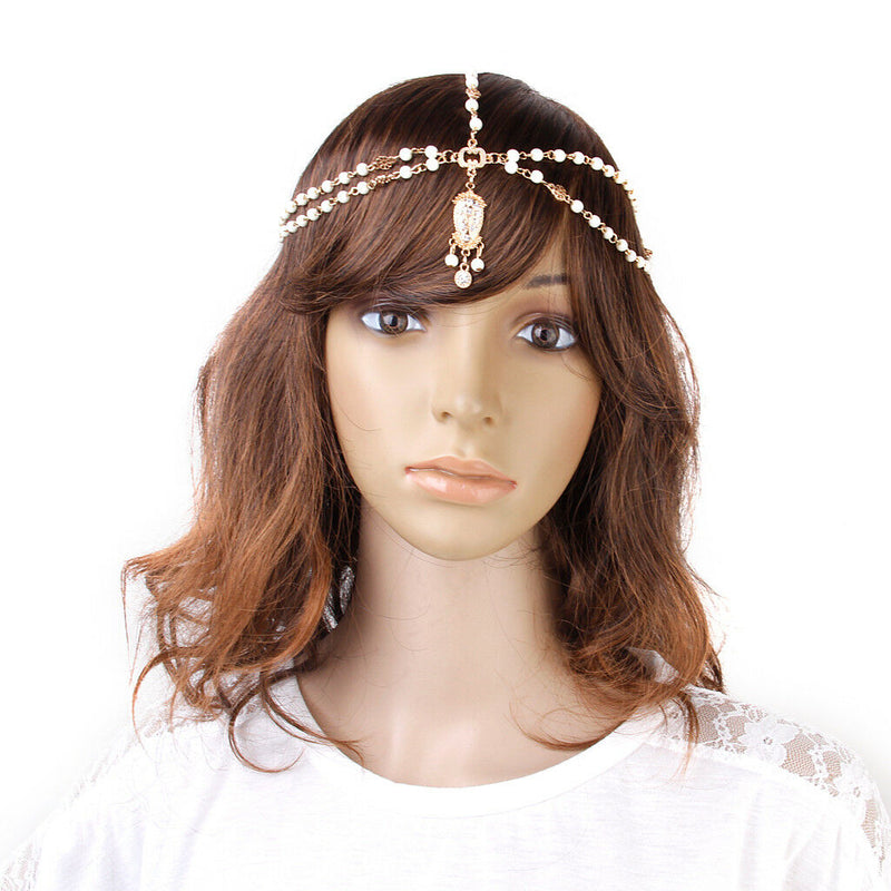 Women Bridal Wedding Boho Beaded Crown Head Chain Headband Hair Piece Hairband