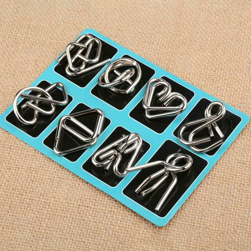 8pcs Stress Reliever Toys Blue Metal IQ Mind Montessori Brain Teaser Puzzle