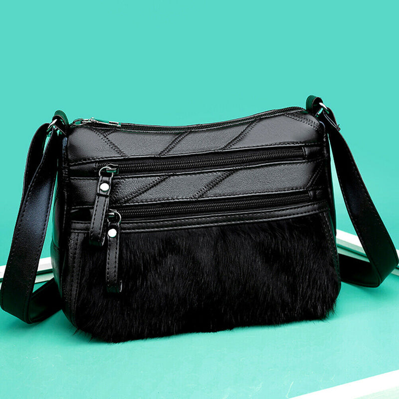 Fashion Women Splicing PU Rabbit Shoulder Bag Multi-pocket Messenger Purse