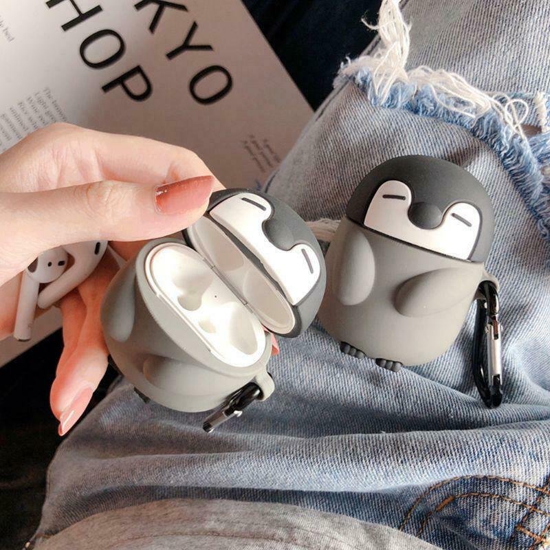 Cute Penguin Style Protective Case Silicone Cover with Carabiner for Airpods 1/2