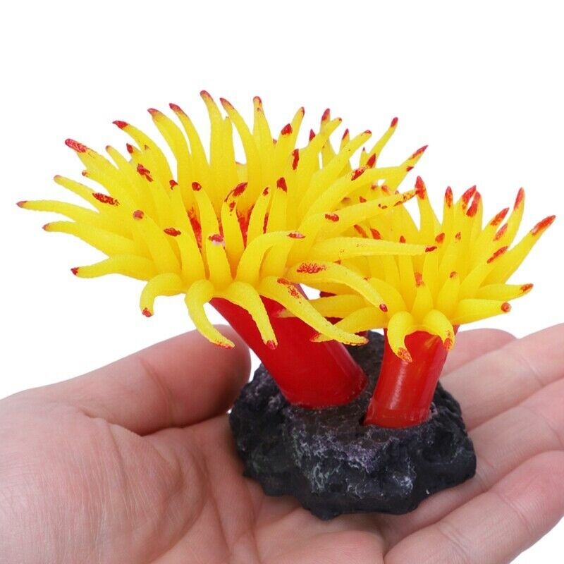 Concrete Base Silicone Coral Anemone Aquarium Plant Decoration, Yellow K9P9