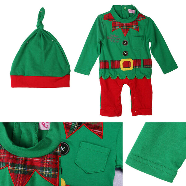Baby Boys Girls Lovely Christmas Outfits Long Sleeve Romper Hat Clothes