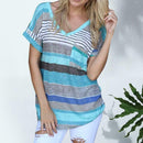 Fashion V-neck Stripe Women Tops Short Sleeve Splicing T-shirt (Blue 5XL)