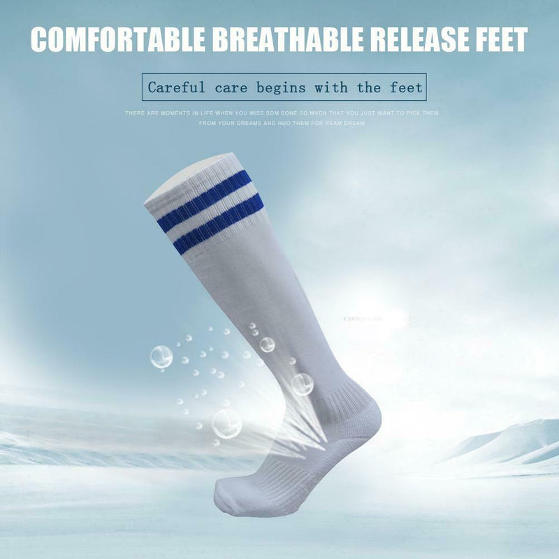 Child Sport Football Soccer Over Knee Kid Long Sock (White + Blue Stripe) A