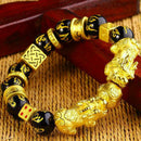 Feng Shui Black Bead Alloy Wealth Bracelet with Golden Pixiu Charms Jewelry U2Z0