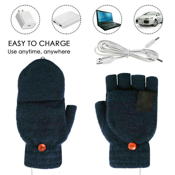 Winter USB Rechargeable Electric Heated Mitten Knitted Gloves Half Finger Cable