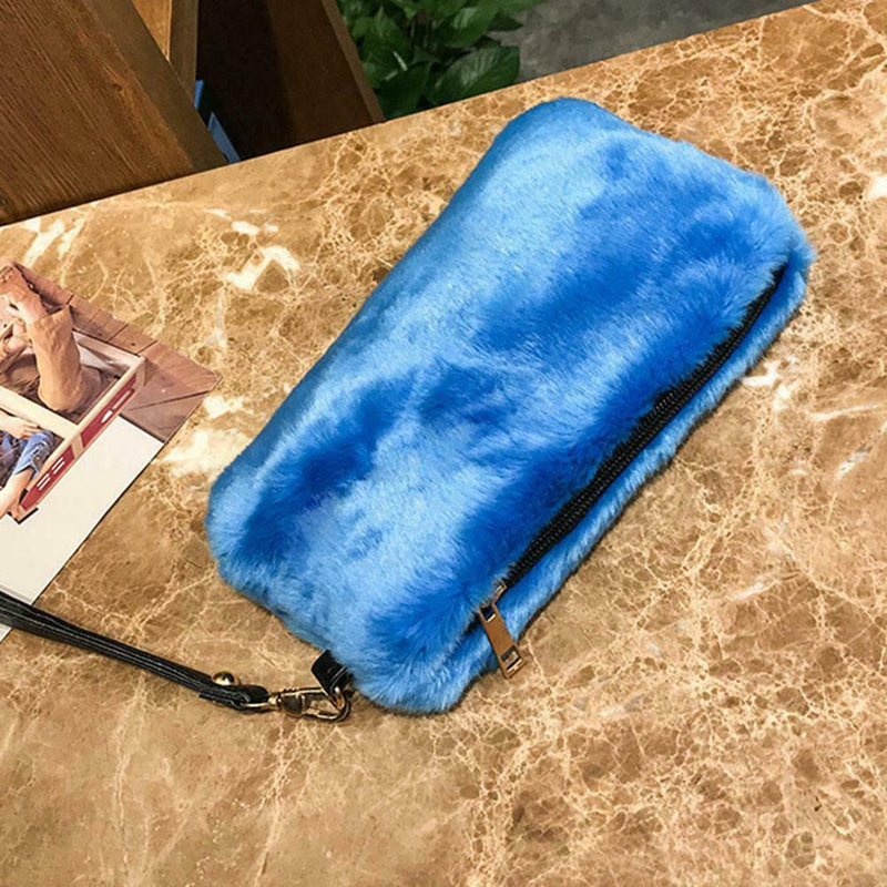 Women Evening Clutch Bag Plush Zip Handbag Female Solid Color Purse (Blue) A