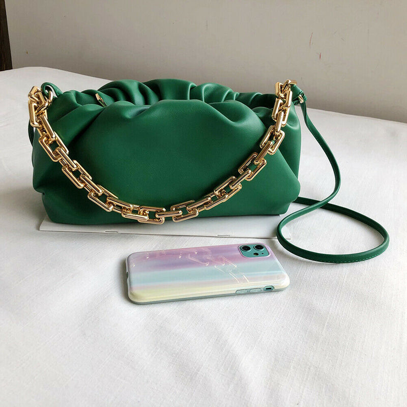 Elegant Women Chain Tote Bag Cloud Shoulder Handbag PU Clutch Purse (Green)
