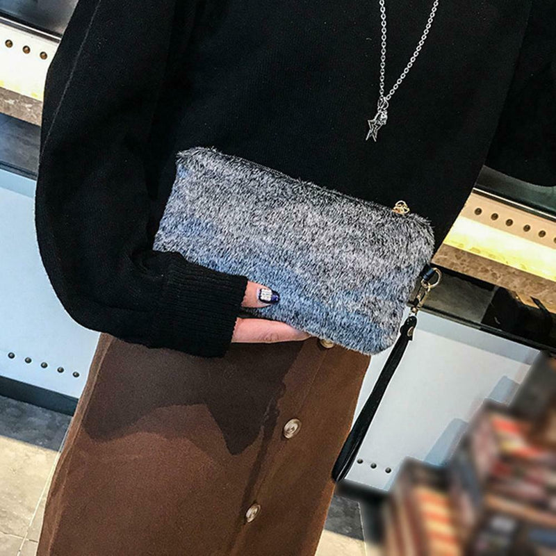 Women Evening Clutch Bag Plush Zip Handbag Female Solid Color Purse (Grey)