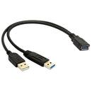Black USB 3.0 Female to Dual USB Male Extra Power Data Y Extension Cable for