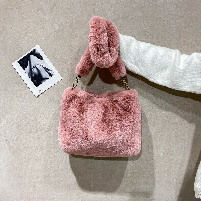 Women Plush Messenger Bag Big Capacity Fluffy Shoulder Handbags (Pink)