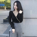 Women Autumn Long Sleeve Solid V-Neck Bandage Sexy Crop Tops (Black XL)