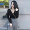 Women Autumn Long Sleeve Solid V-Neck Bandage Sexy Crop Tops (Black XL)