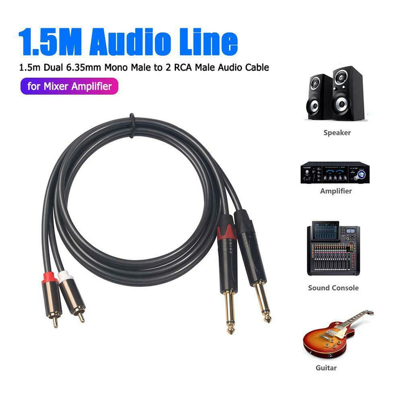 Dual 1/4 Mono Male to 2 RCA Male Adapter Cable Cord for Mixer Amplifier 1.5m