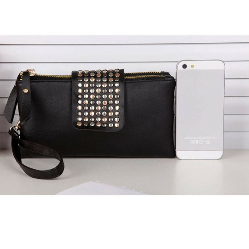 Women PU Leather Fashion Black Rivet Handbag Clutch Bag Zipper Long Wallet