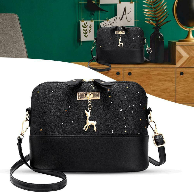 Shell Shoulder Handbag Women Shining Sequins PU Leather Messenger Bag/Black