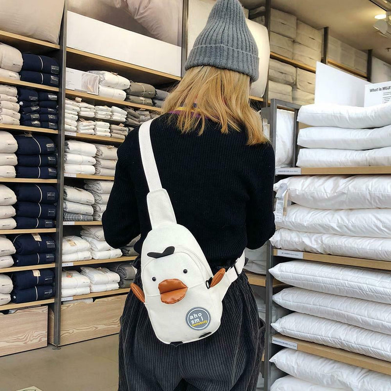 Cartoon Chicken Canvas Chest Bags Women Crossbody Shoulder Bags (White)