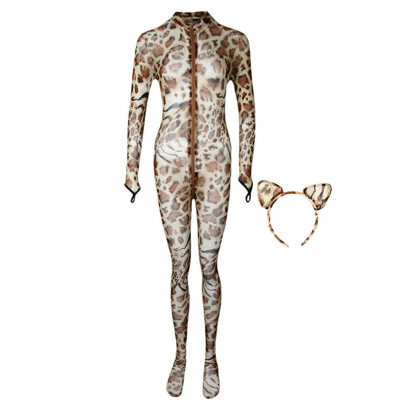 Open Crotch Bodysuit Leopard Sheer Catsuit Womens Double Zipper Long Sleeves