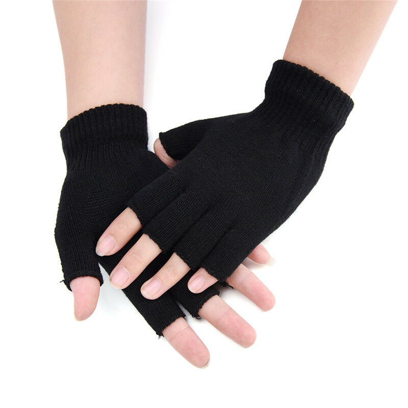 Men Black Knitted Stretch Elastic Warm Half Finger Fingerless Gloves Winter Z