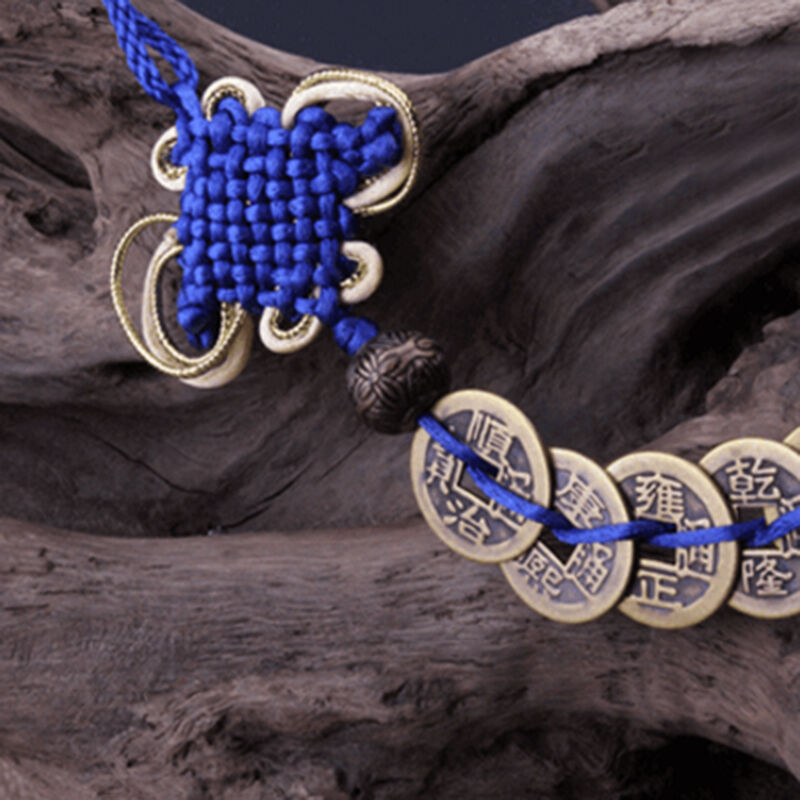 1Set Wealth Success 5 Copper Coin China Knot Blue Rope Feng Shui Lucky Ca D O0I3
