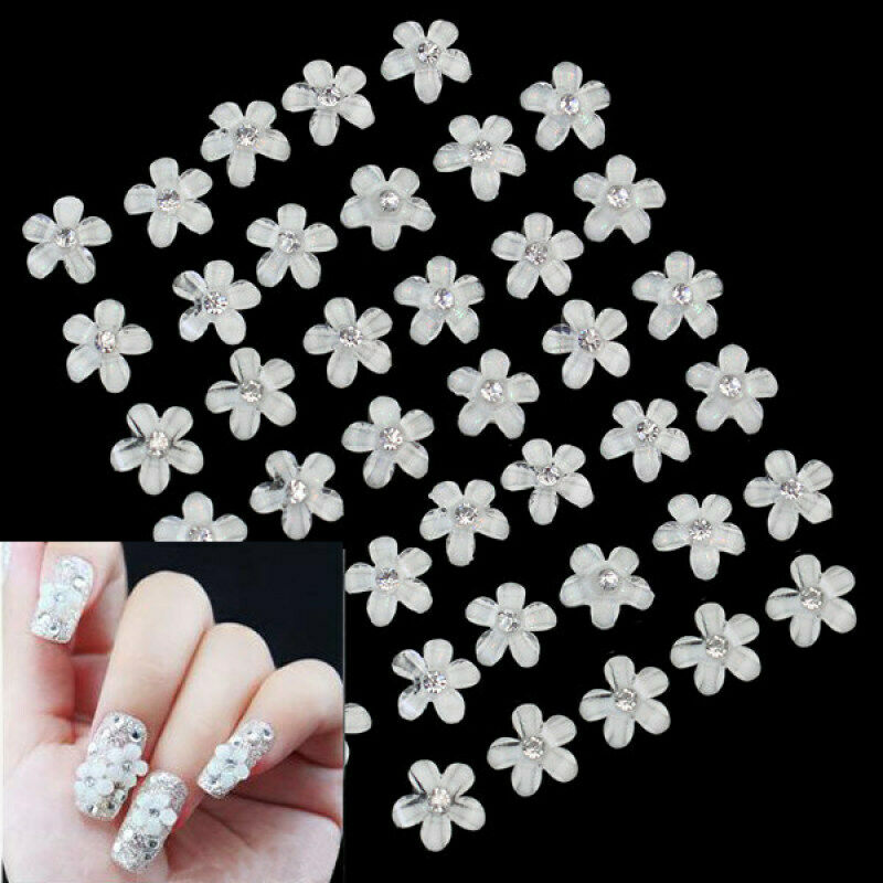 50Pcs Flower Design Nail Art Tips Shiny Rhinestone Decoration Manicure for SJX