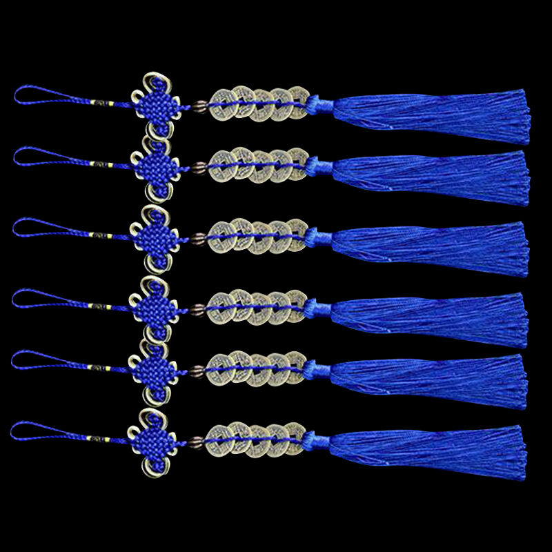 1Set Wealth Success 5 Copper Coin China Knot Blue Rope Feng Shui Lucky Ca D O0I3