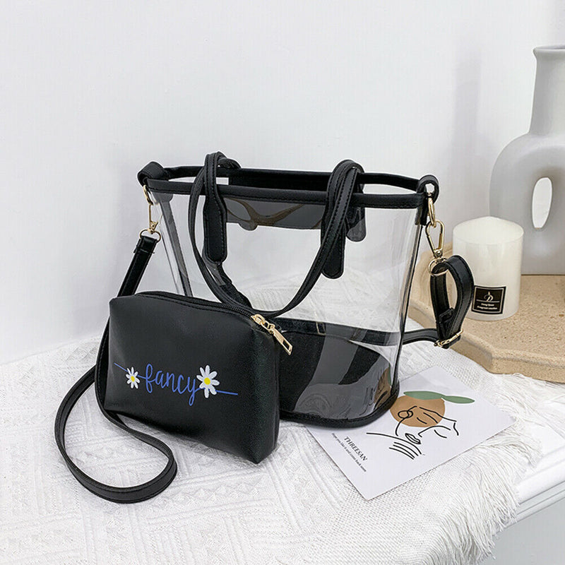 2pcs PVC Transparent Women Shoulder Crossbody Bag PU Clutch Handbag (Black)