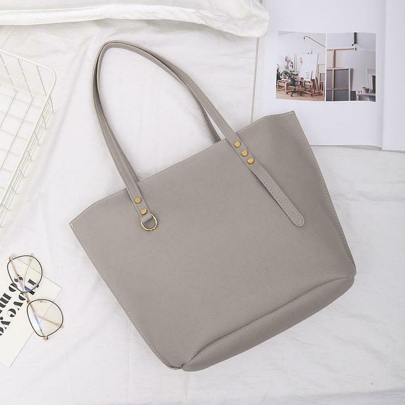 4pcs/set Solid Color Litchi Pattern Women Shoulder Handbags Clutch (Grey)