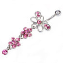 Pink Crystal Flower Dangle Navel Belly Ring Bar Piercing Jewelry