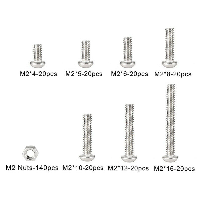 280pcs M2 304 Stainless Steel Hex Socket Button Head Cap Bolts Screws Nuts
