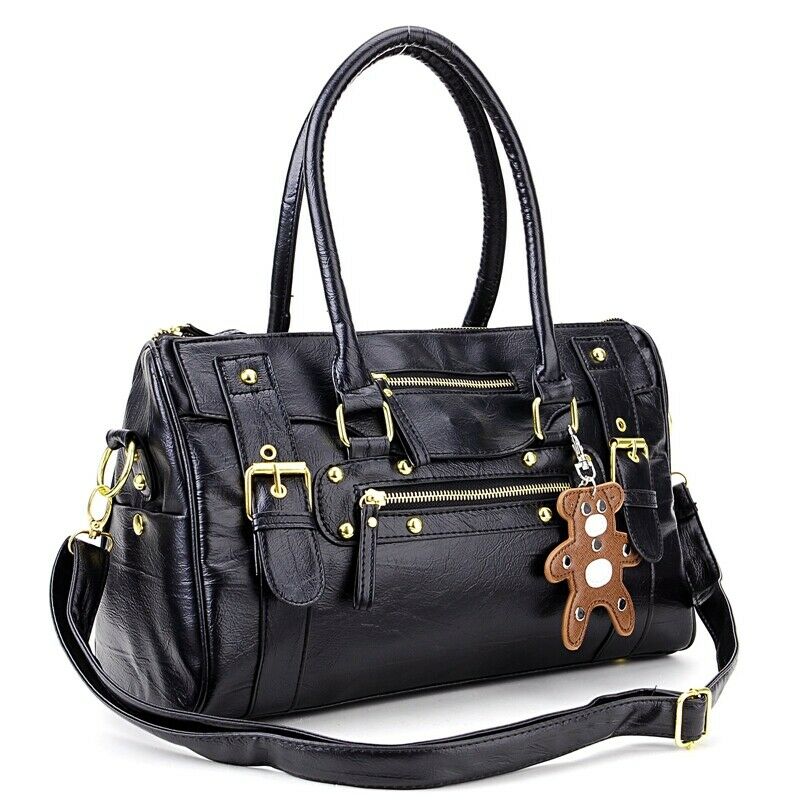 Black hand hold PU leather rock scratch with a small bear Handbag for women R4N9