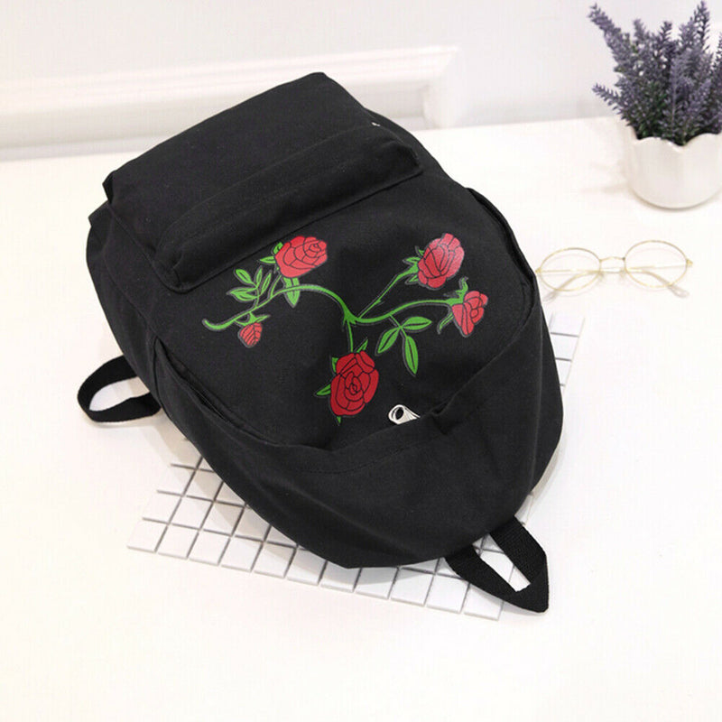 Preppy Chic Women Canvas Flower Embroidery Large Capacity Backpack(Black)