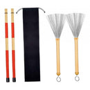 1Pair Rods Drum Sticks + Drum Wire Brushes With Portable Storage Bag Golden