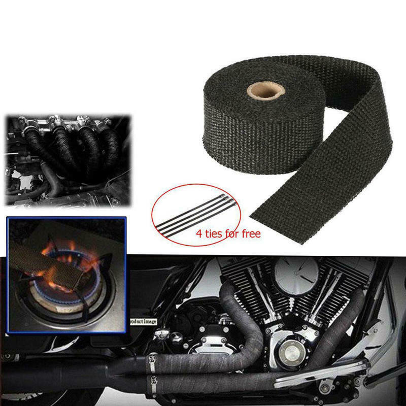 1.5" x 16.5FT Exhaust Header Fiberglass Heat Wrap Tape w/ 4 Steel Ties - Black