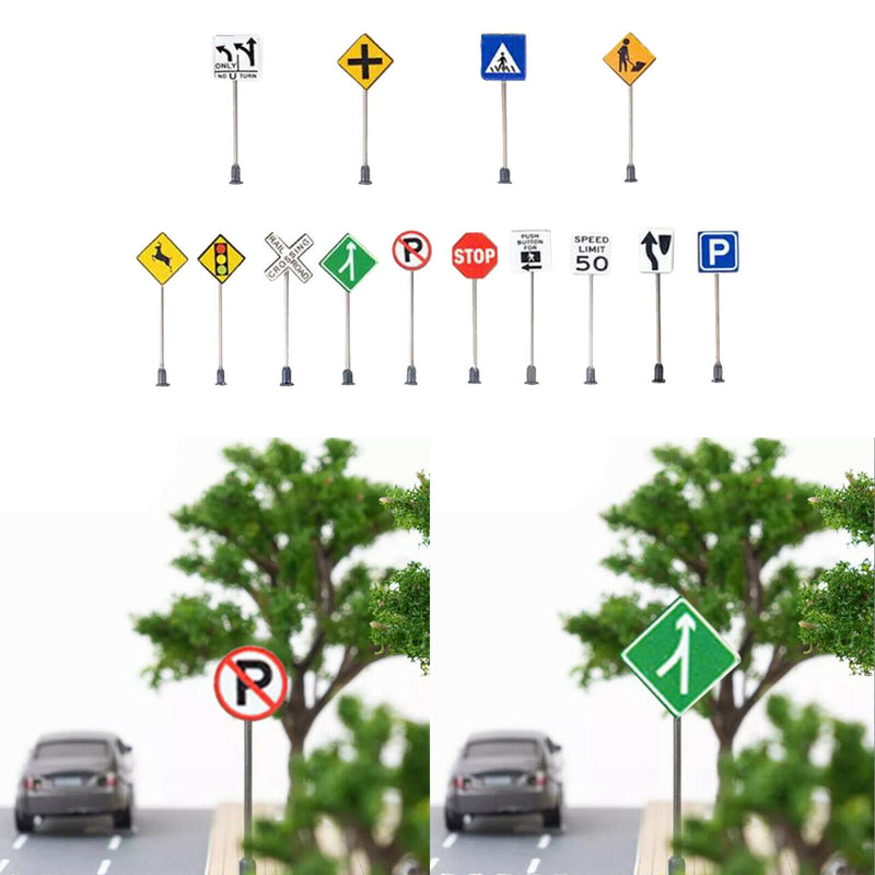 14 Piece 1/87 Traffic Signs DIY Train Railway Freeway Scenes Decoration Accs