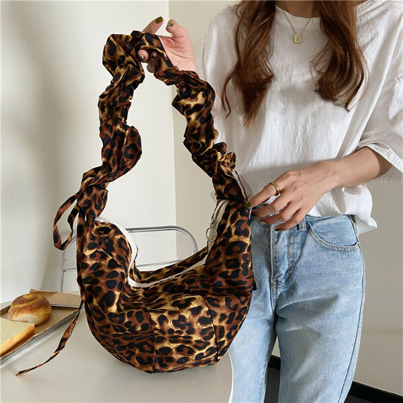 Lady Leopard Casual Shoulder Handbags Retro Women Pleated Dumpling Crossbody Bag